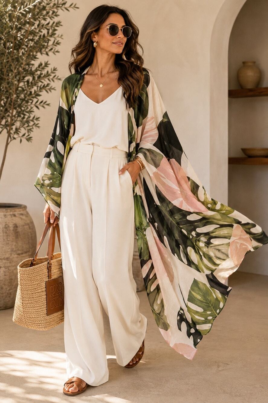 Virginia Wolf NYC Oversized Monstera Botanical Ruana Wrap Green Blush One Size